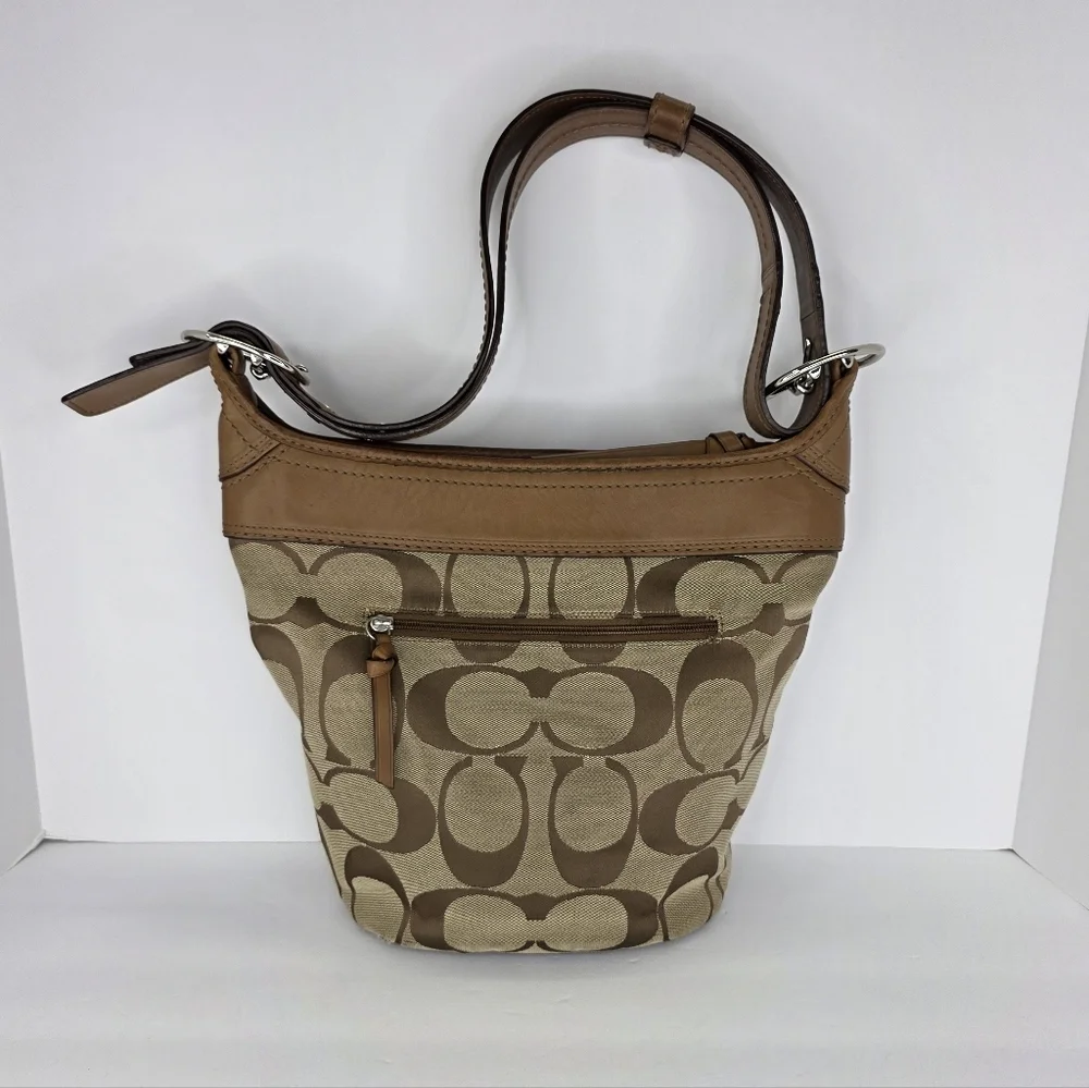 Y2k Coach Signature Canvas Bucket Medium Shoulder Bag F13358 Leather Silver
